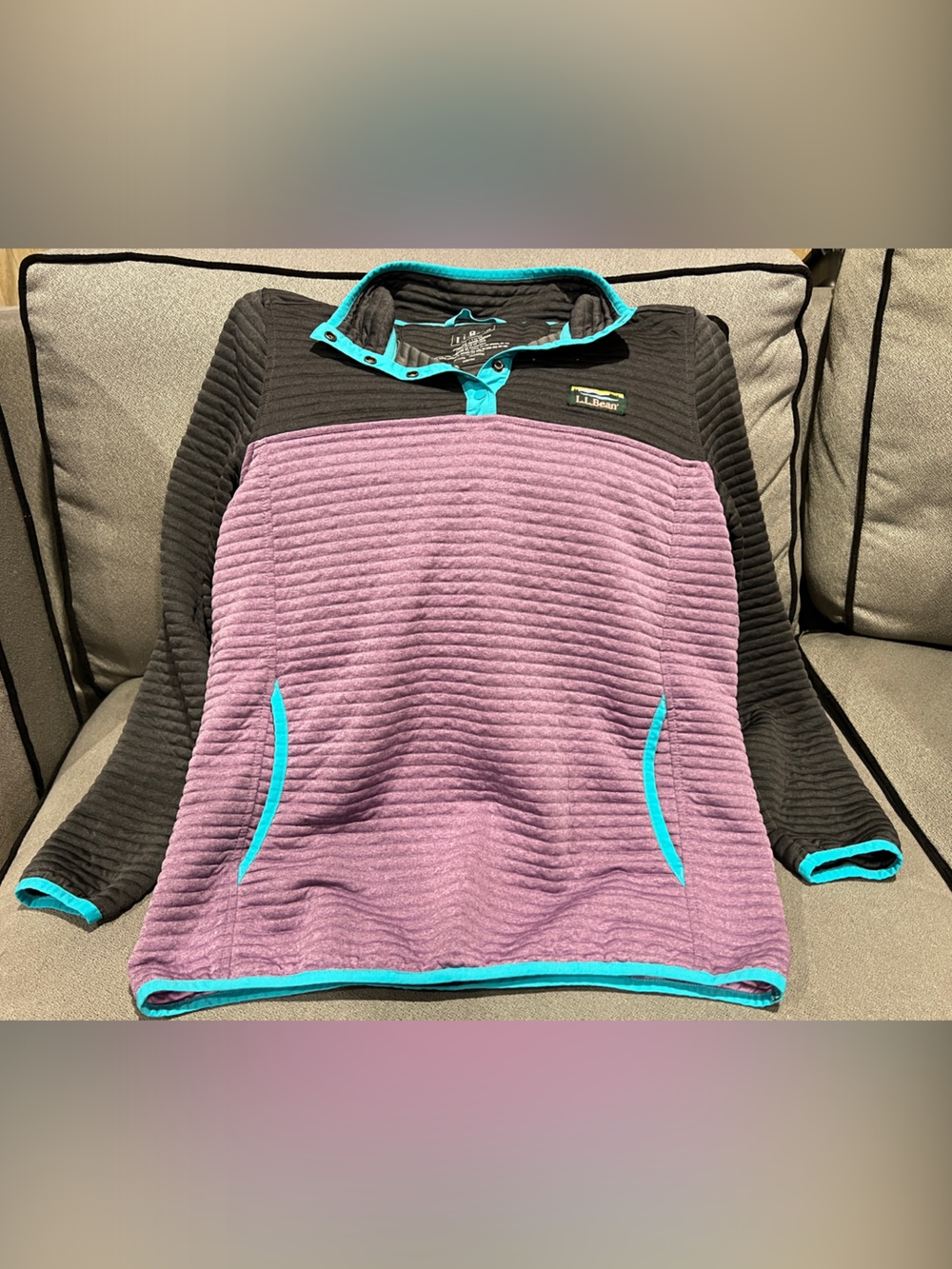 LL Bean Quilted Airlight Pullover Sweater - Purple with Charcoal and Teal Trim